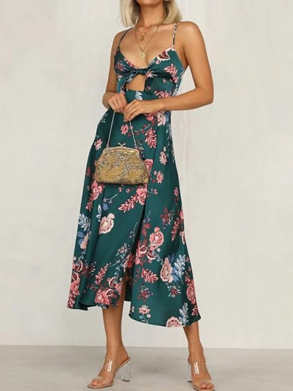 Floral Satin Tie Front Cutout Midi Dress Black XS